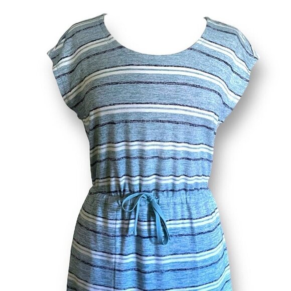 T by Talbots Womens Dress Sz Small Blue Stripe Drawstring Tie Waist Midi Preppy - Picture 5 of 10